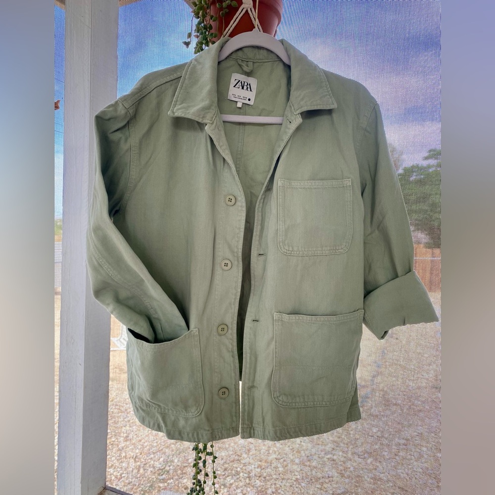 💚 Zara Chore Coat Sage Desert Green Garment Dyed Utility Shirt Jacket Pockets S